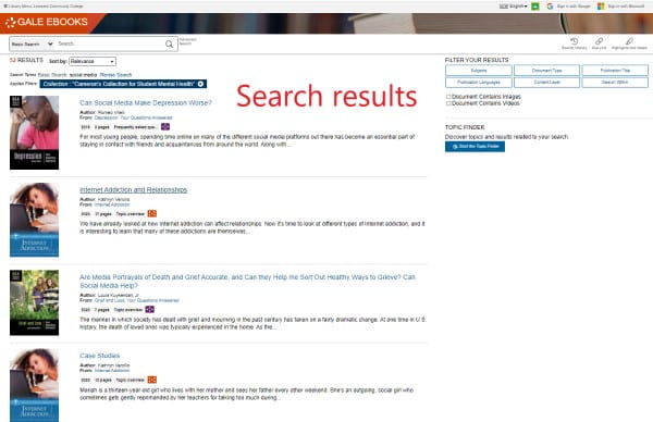 Screenshot showing search results
