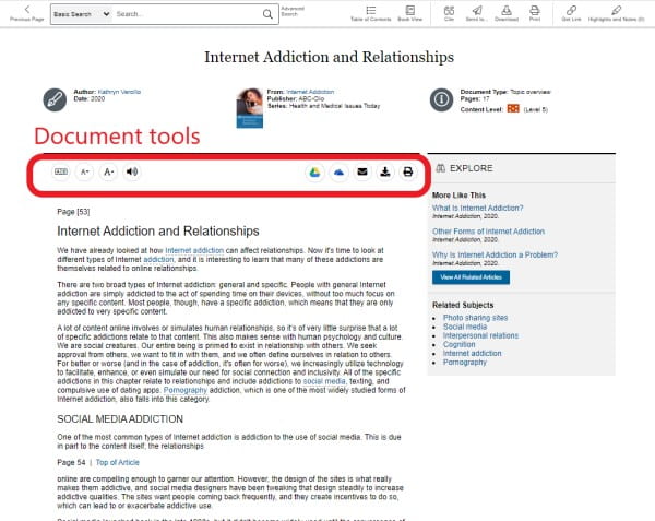 Screenshot showing Gale eBooks document tools