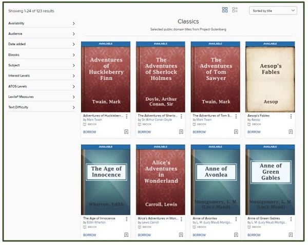 Sample titles in the OverDrive Classics collection.