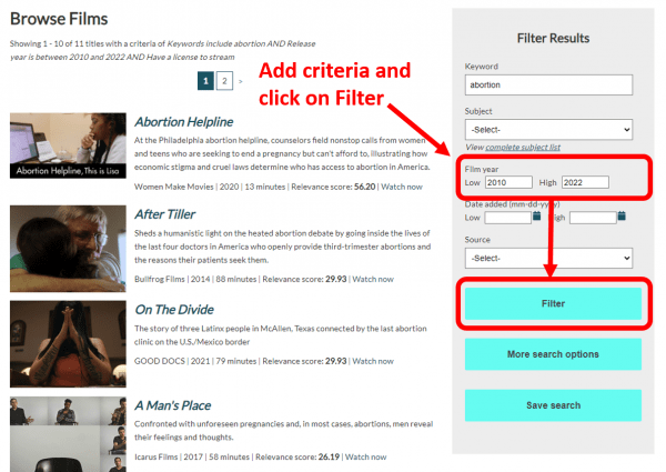 Screenshot showing Docuseek filter options.