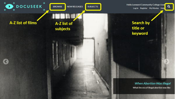 Screenshot showing the Browse, Subjects, and Search functions on the Docuseek homepage.