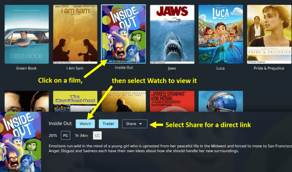Screenshot showing functions for watching films and generating direct links.