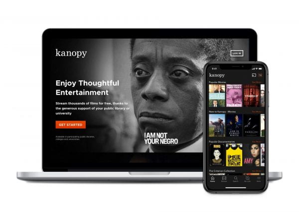 Kanopy logo and sample film displayed on laptop and mobile phone.