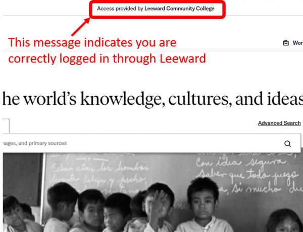 Screenshot of JSTOR home page showing "Access provided by Leeward Community College" message.