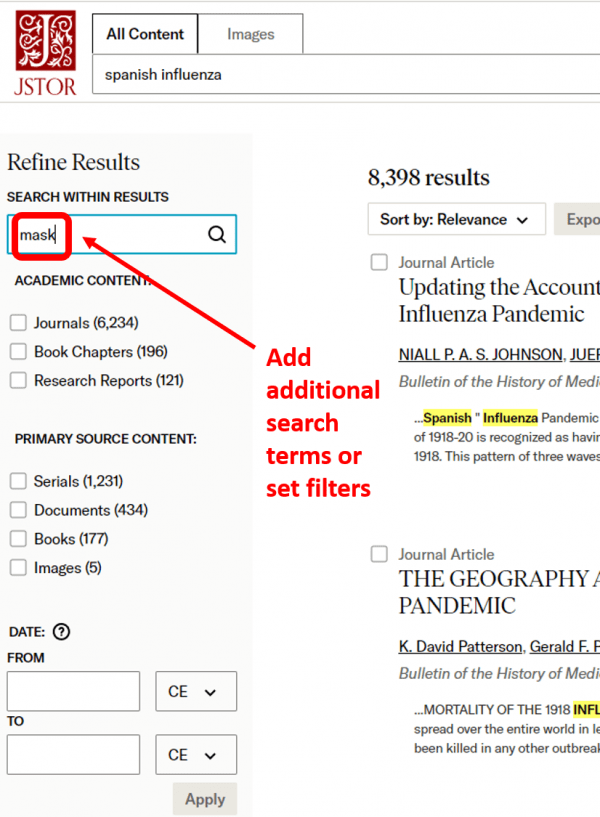 Screenshot of results page showing left sidebar filters.