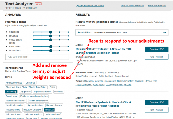 Screenshot showing results page from Text Analyzer.