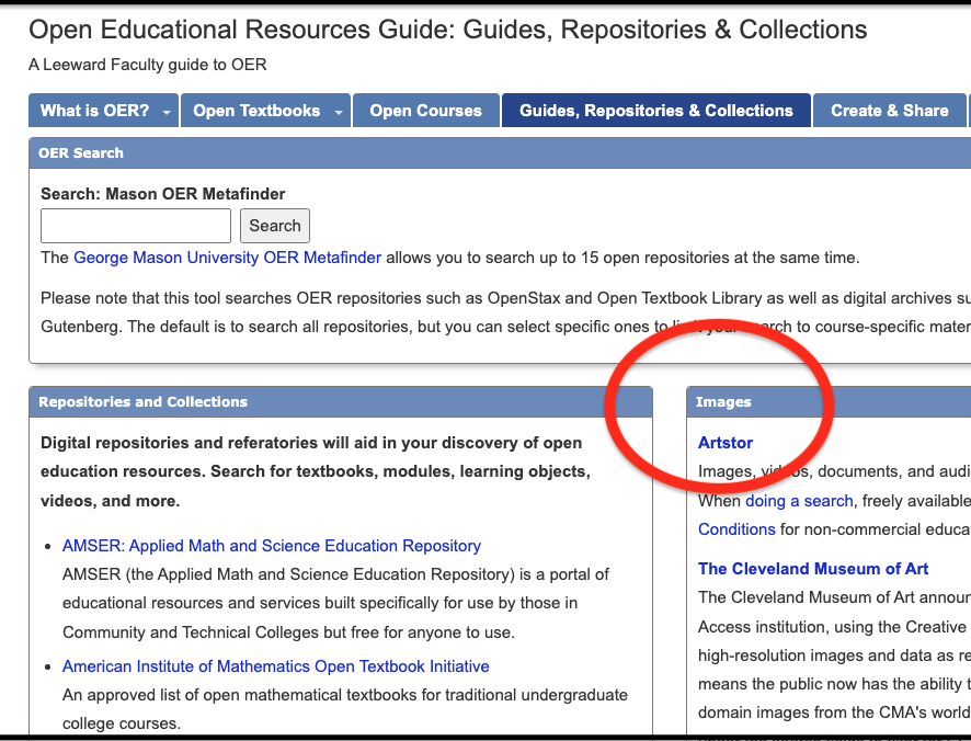alt="OER LibGuide web page showing in the right column the location of the Images content box."