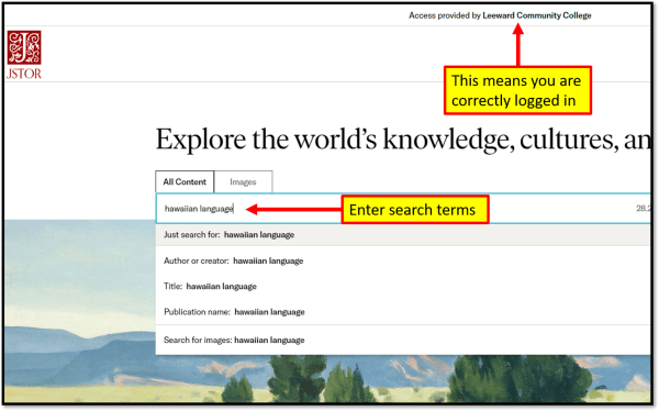 Screenshot of JSTOR home page showing Leeward CC access indication and search terms in search box.