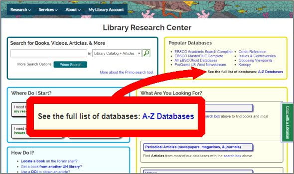 Library Research Center page with the See the full list of databases: A-Z Databases link highlighted