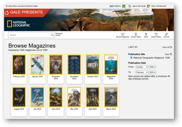 Screenshot of National Geographic Magazine archive home page.
