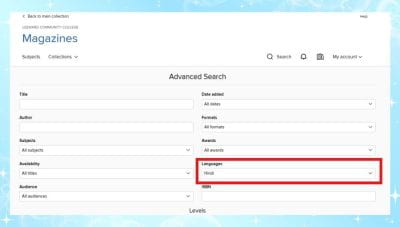 Screenshot from OverDrive's Advanced Search showing the Language feature